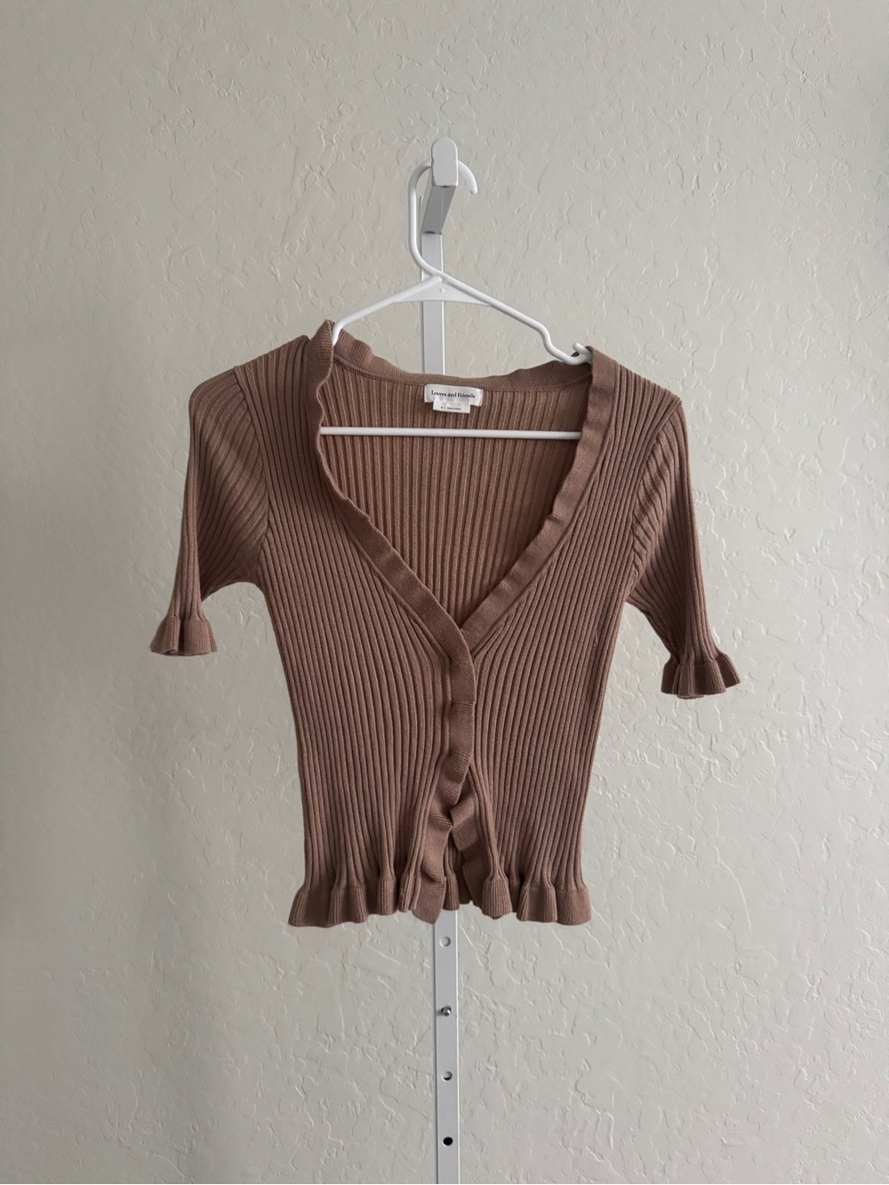 Lovers + Friends Ribbed V-Neck Button Cardigan in Brown